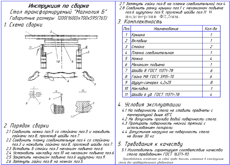 Стол трансформер «Магнолия Б», автоматический подъем. Инструкция по сборке и эксплуатации.
